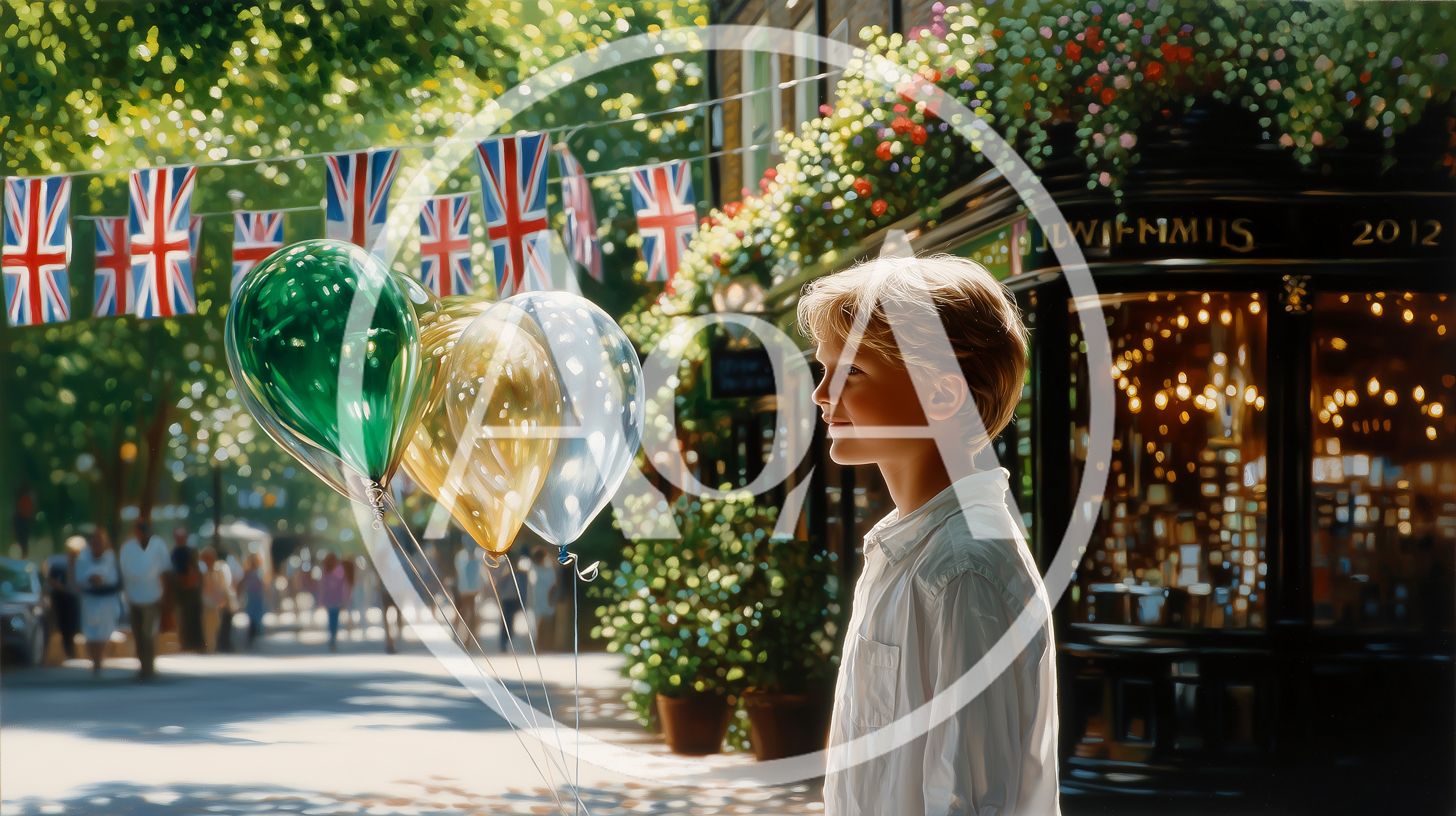 Young Boy Holding Balloons On A Sunny British Street