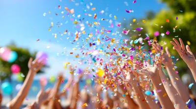 Crowd Celebrating With Colorful Confetti Outdoors