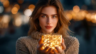 Young Woman Holding Glowing Gift Box At Night