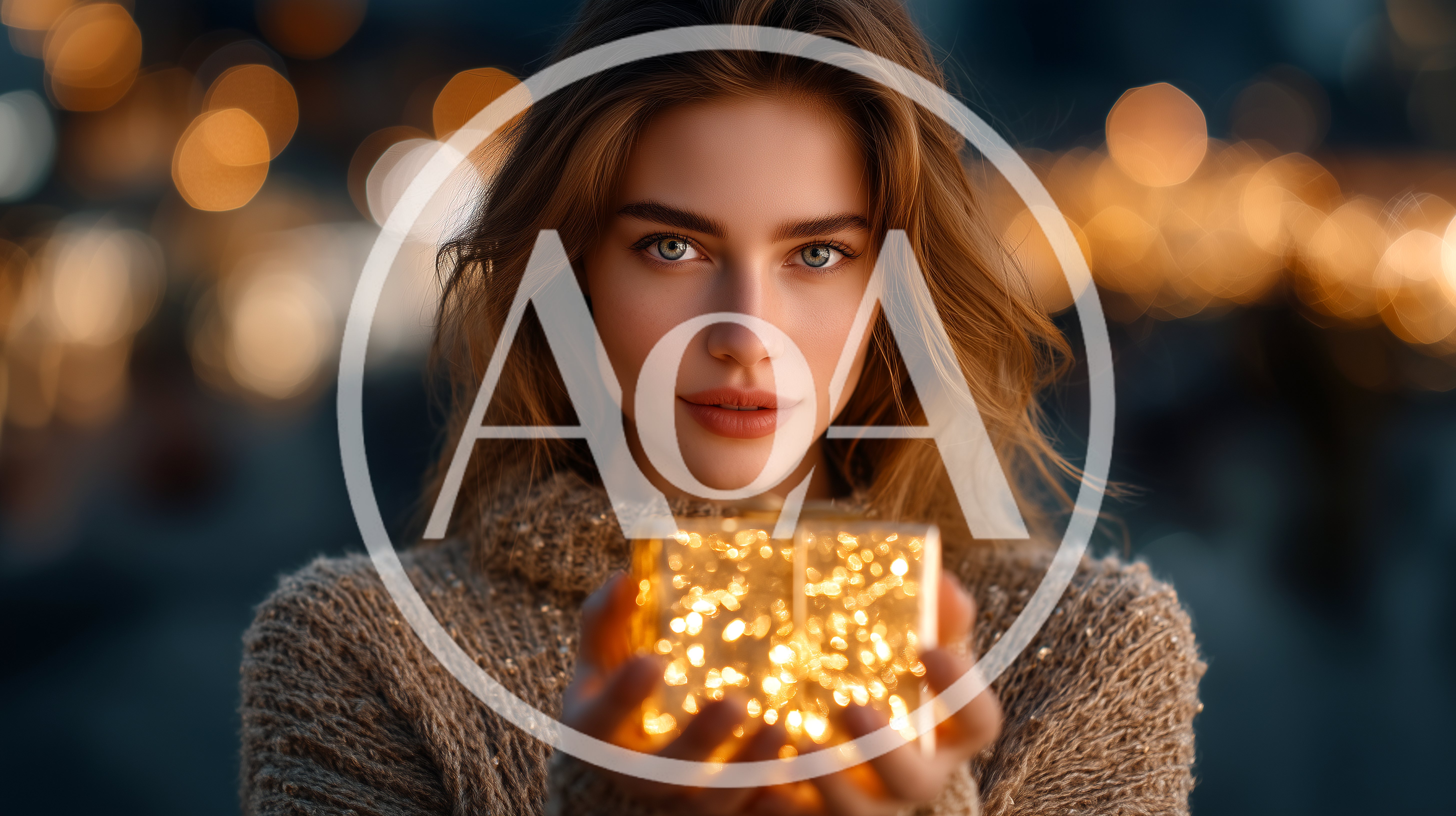 Young Woman Holding Glowing Gift Box At Night