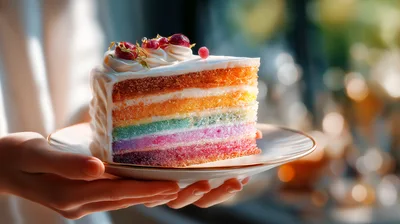 Person Holding A Slice Of Rainbow Layer Cake