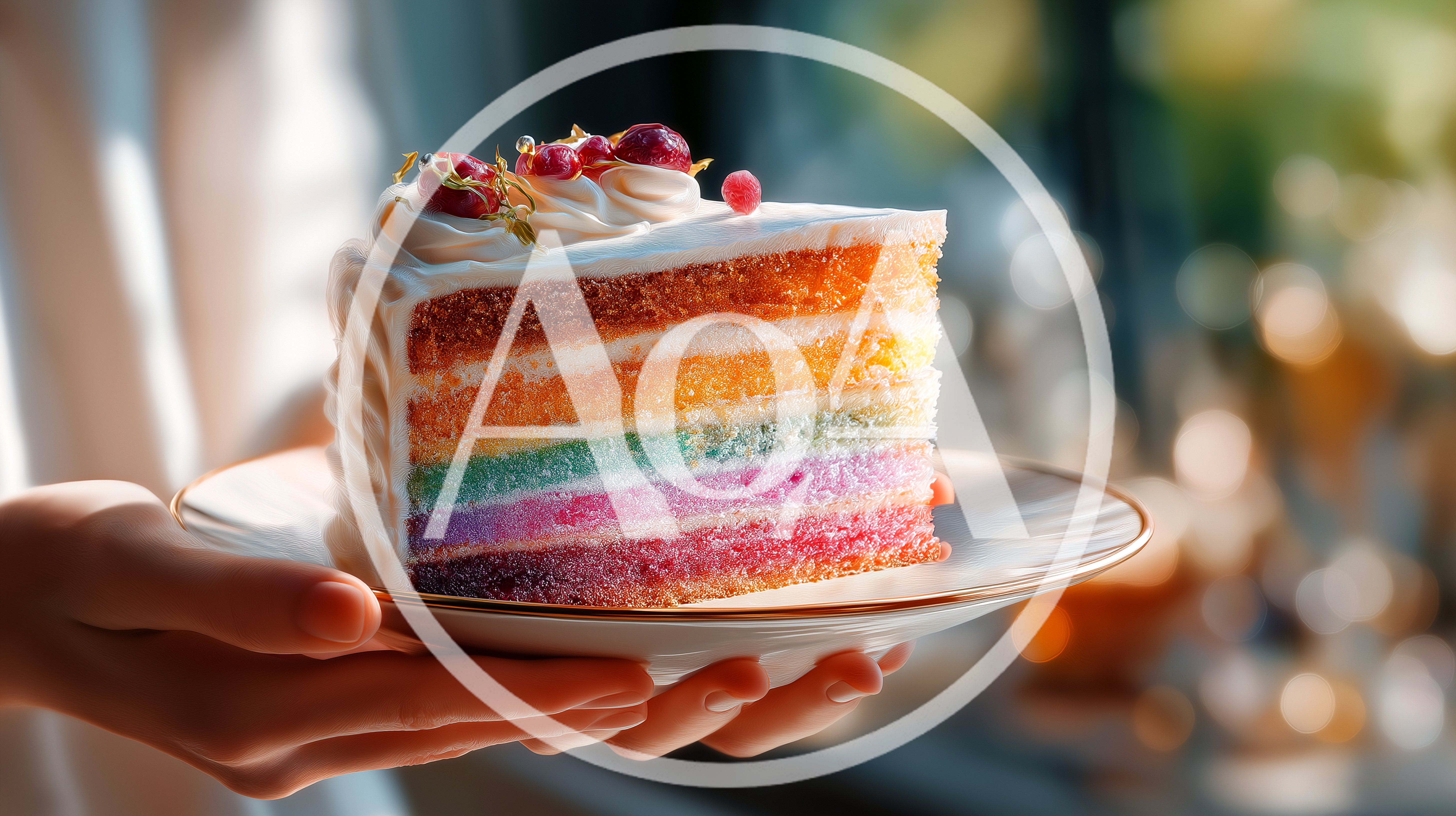 Person Holding A Slice Of Rainbow Layer Cake