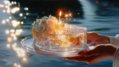 Person Holding A Transparent Jelly Cake With Sparklers