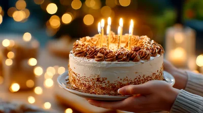 Hands Holding A Birthday Cake With Lit Candles