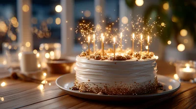 Birthday Cake With Glowing Candles And Sparkles