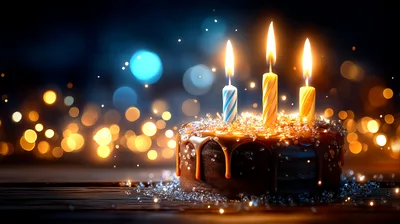 Chocolate Birthday Cake With Three Lit Candles