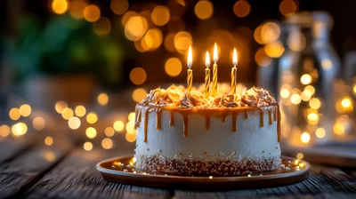 Birthday Cake With Lit Candles On Wooden Table