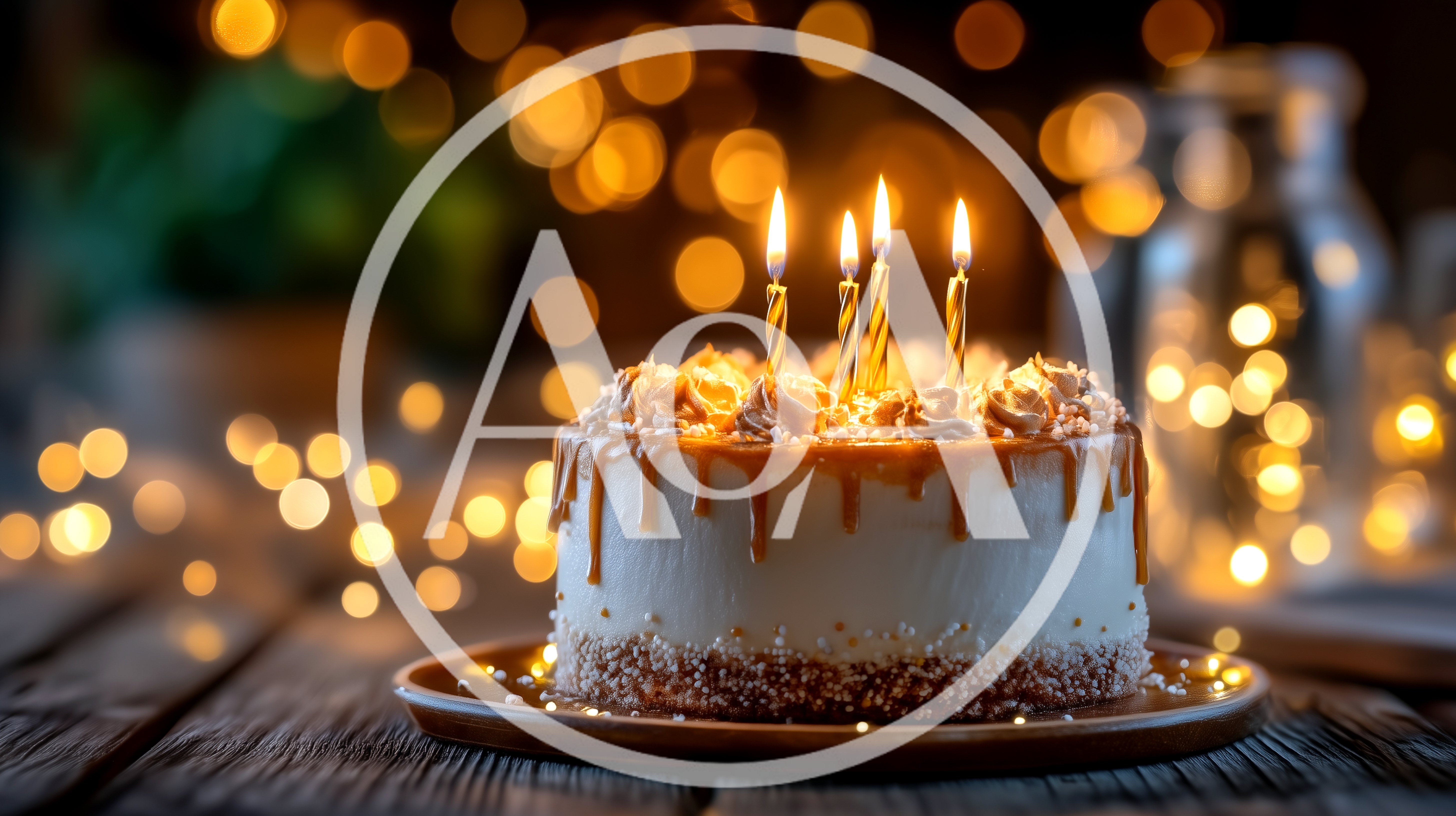 Birthday Cake With Lit Candles On Wooden Table