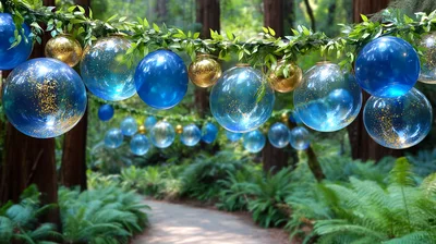 Blue And Gold Ornaments Hanging In Redwood Forest