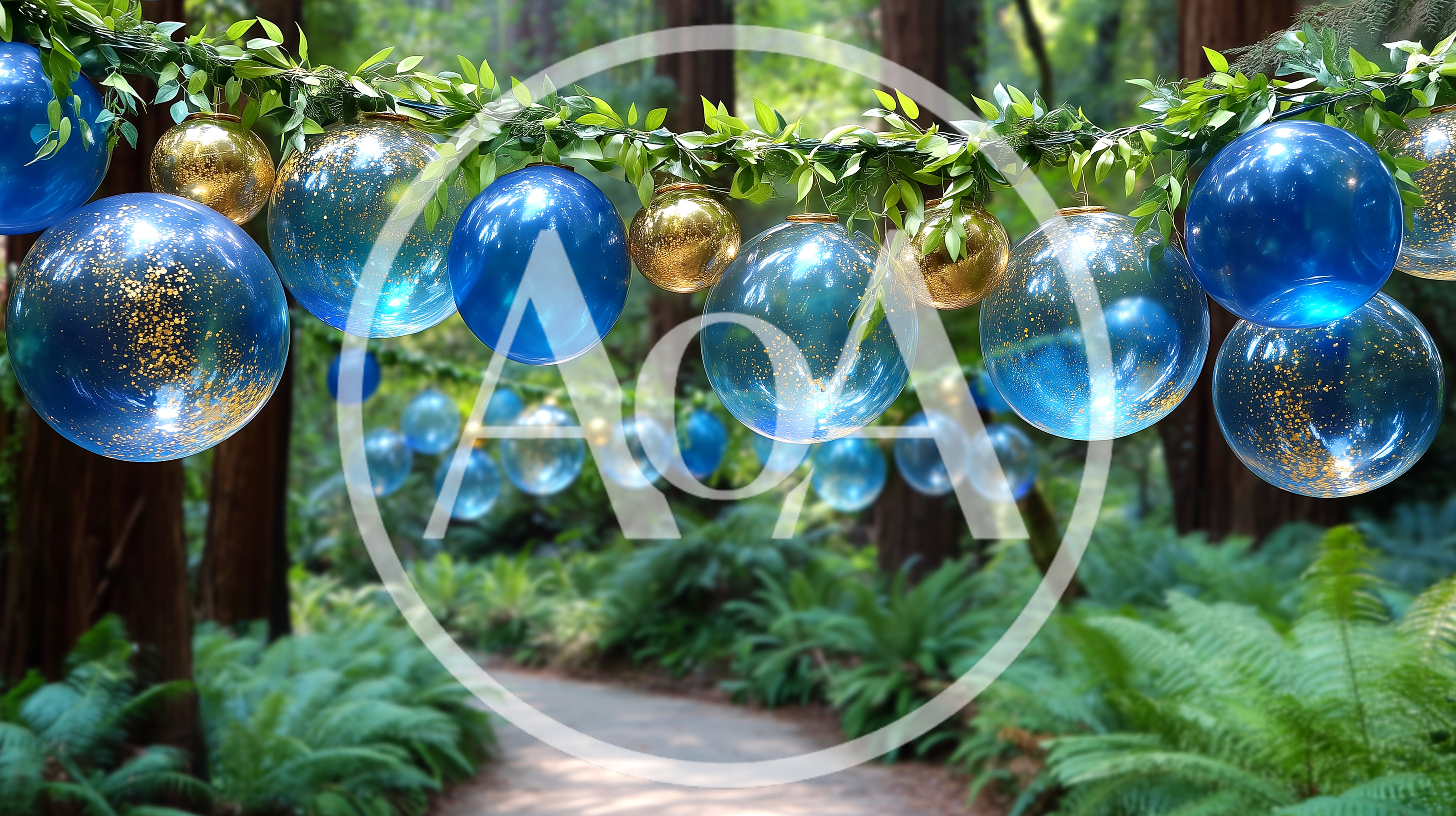 Blue And Gold Ornaments Hanging In Redwood Forest
