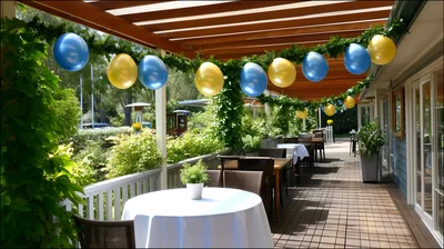 Outdoor Restaurant Terrace Decorated With Balloons