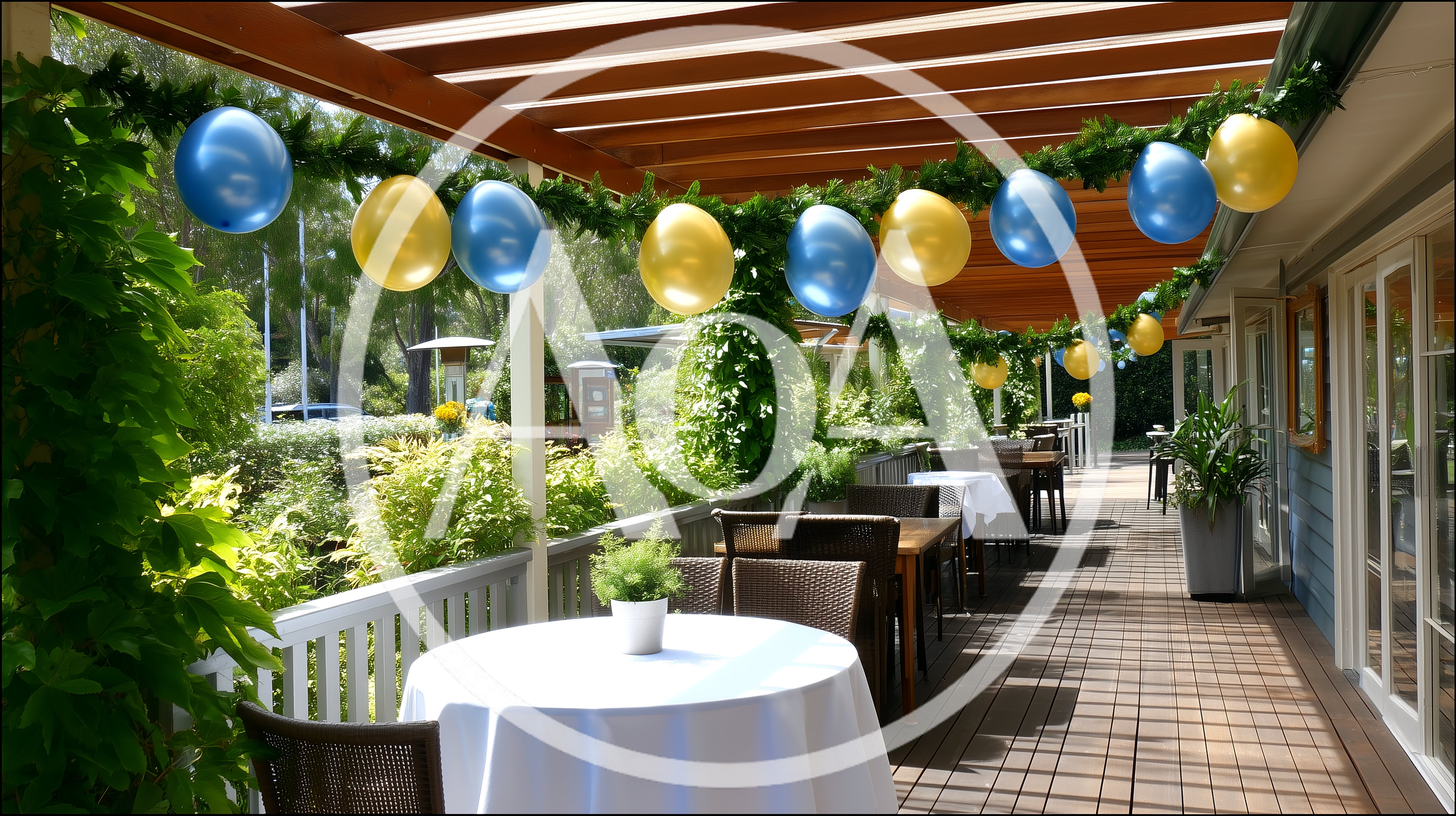 Outdoor Restaurant Terrace Decorated With Balloons