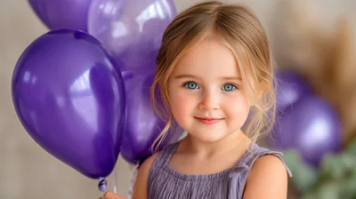 Adorable Young Girl Holding Purple Balloons