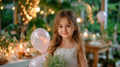 Little Girl Holding Flowers With Pink Balloons