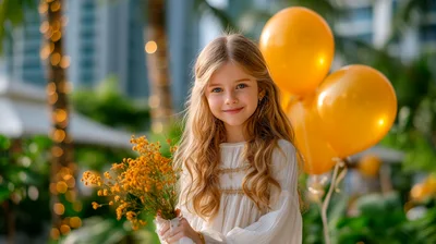 Young Girl Holding Yellow Flowers With Balloons