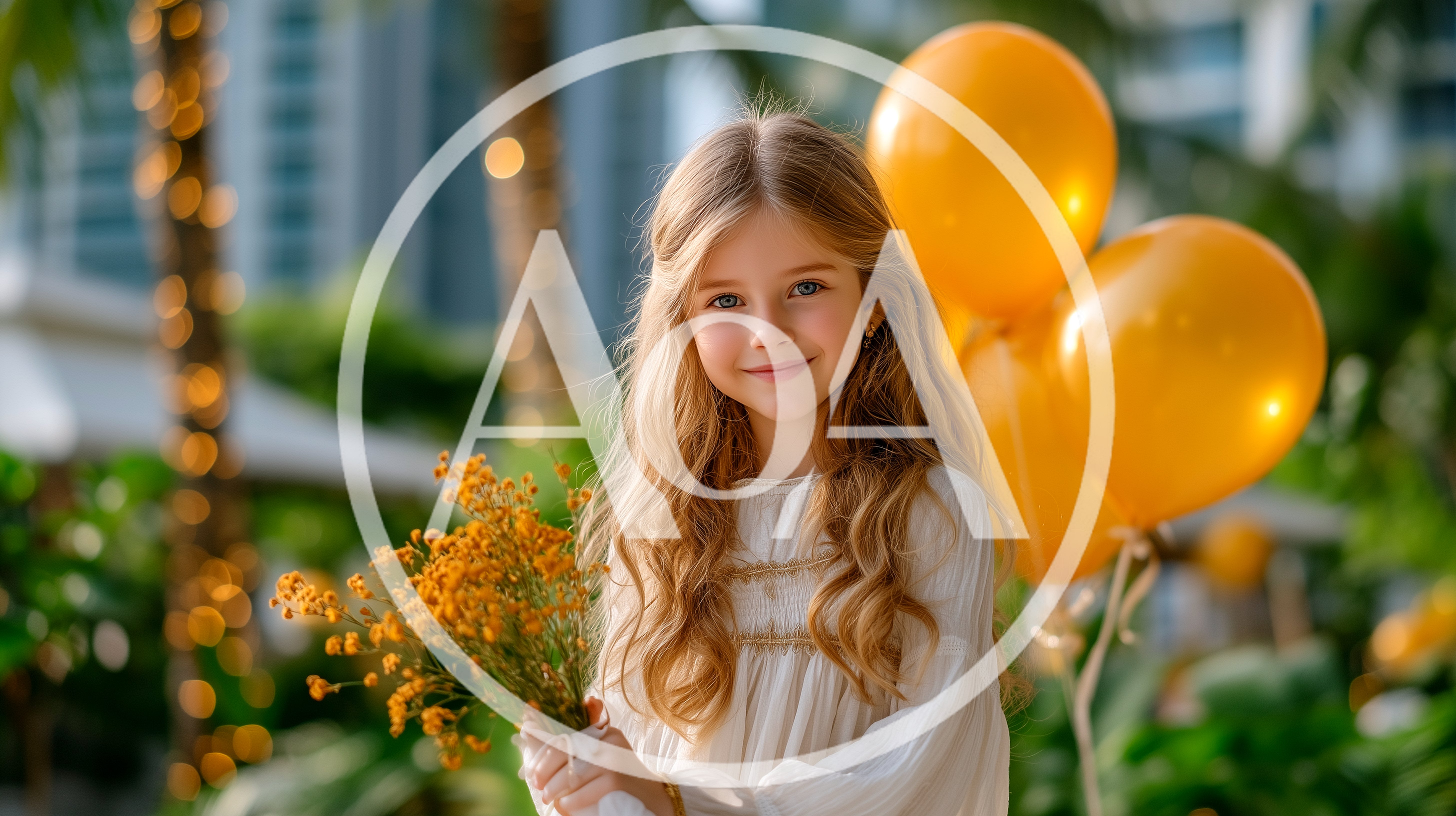 Young Girl Holding Yellow Flowers With Balloons