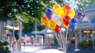 Bunch Of Colorful Balloons Floating In A Theme Park
