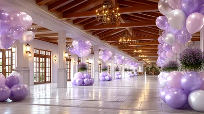 Elegant Hallway Decorated With Purple And White Balloons