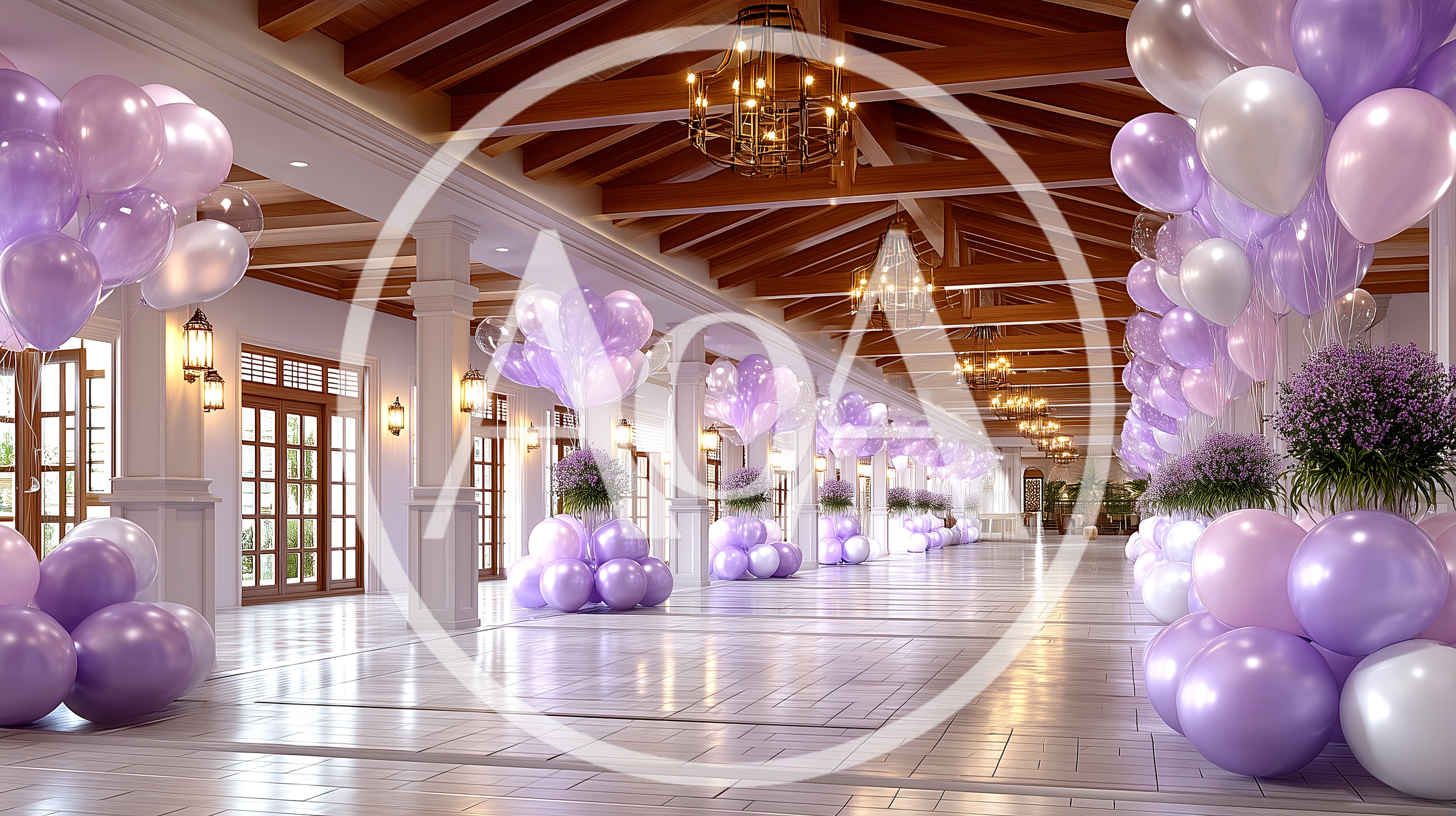 Elegant Hallway Decorated With Purple And White Balloons