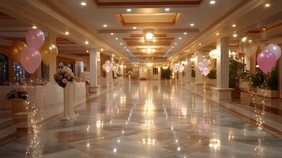 Elegant Banquet Hall Decorated With Balloons And Lights