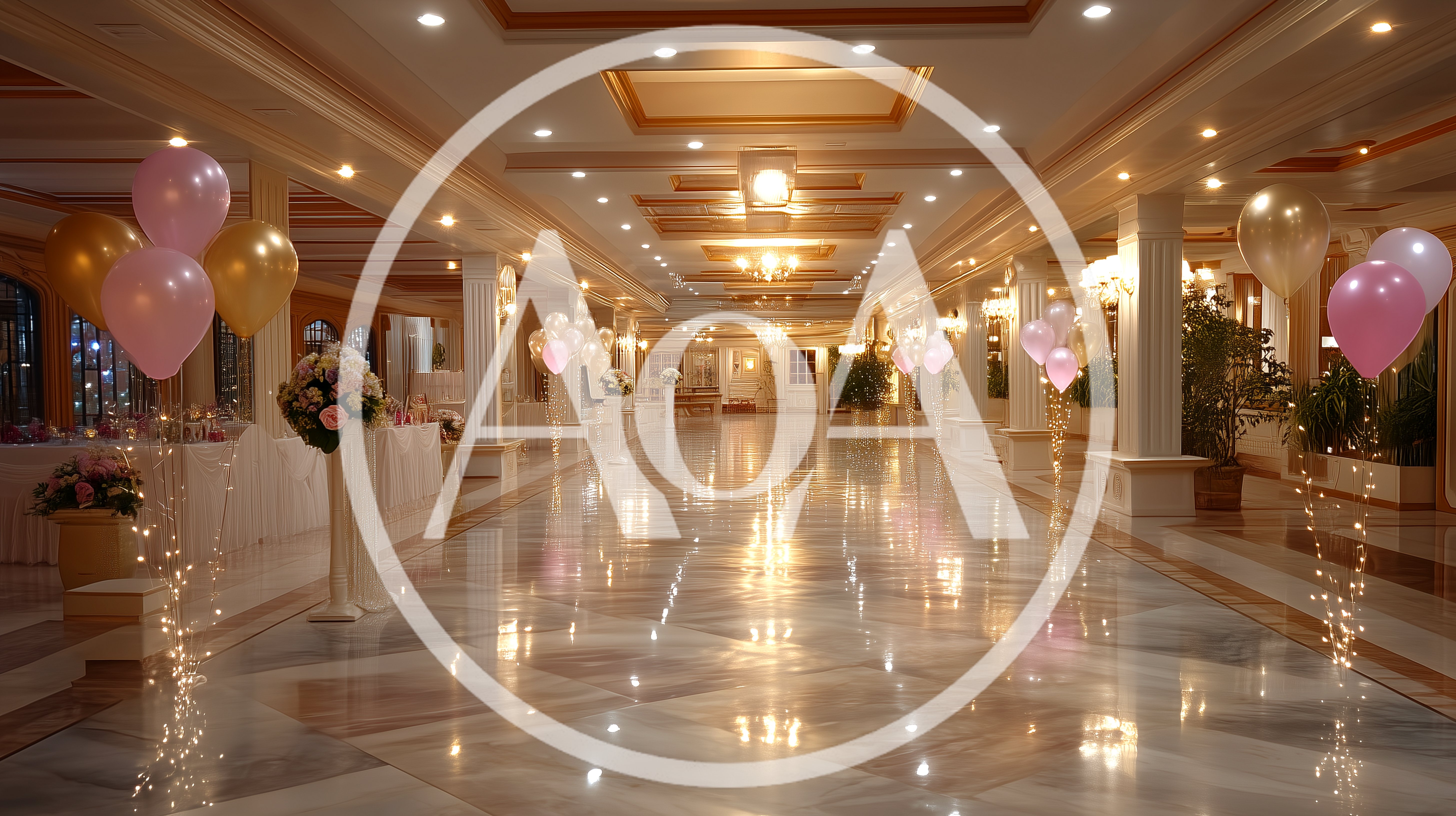 Elegant Banquet Hall Decorated With Balloons And Lights