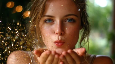 Young Woman Blowing Golden Glitter From Her Hands
