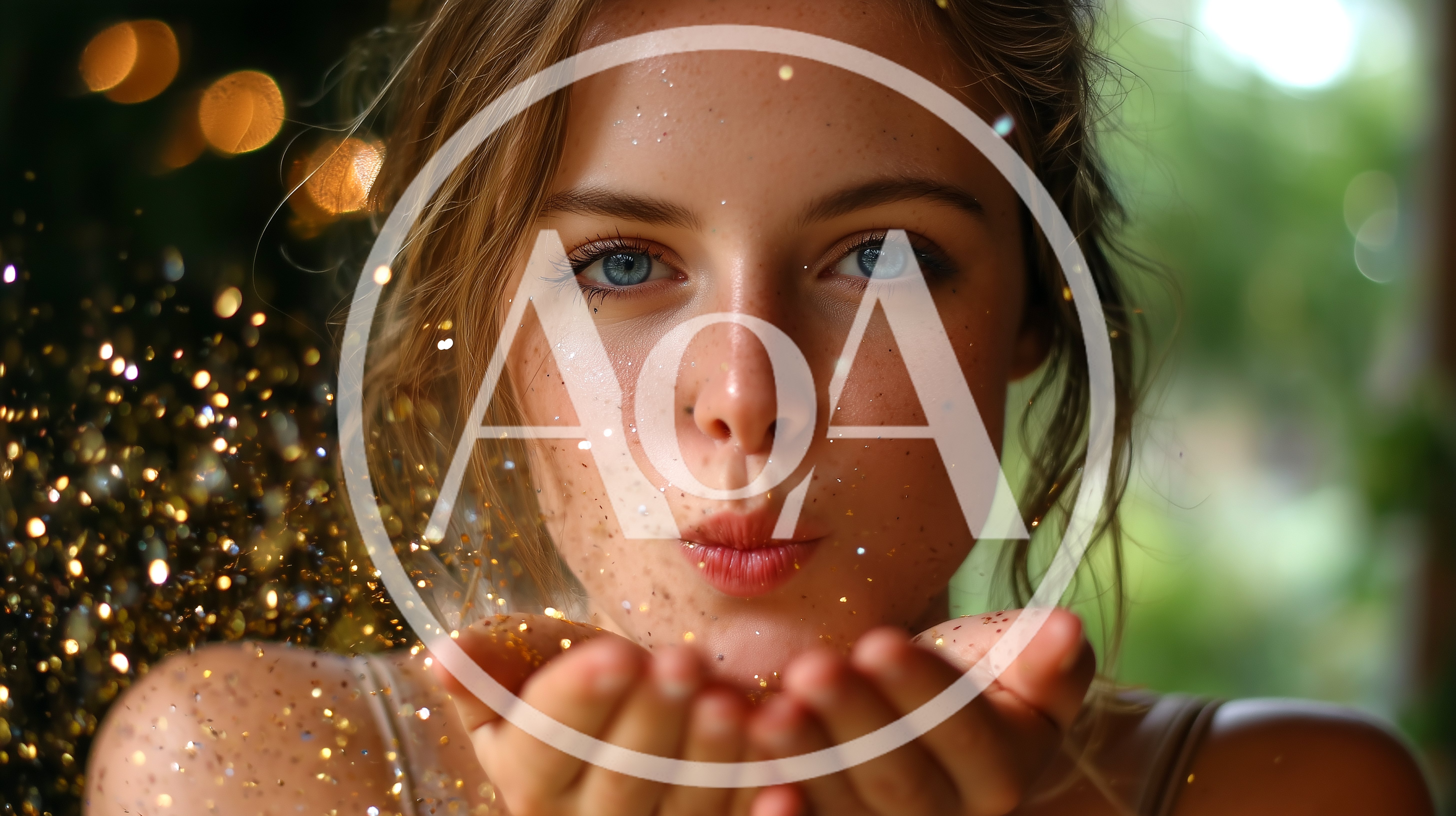 Young Woman Blowing Golden Glitter From Her Hands
