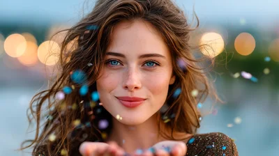 Young Woman Blowing Colorful Confetti Outdoors