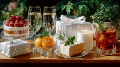 Celebratory Table Setting With Desserts And Drinks