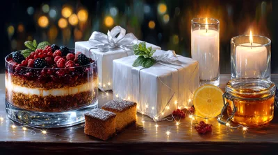 Festive Berry Trifle Dessert With Gift Boxes And Candles