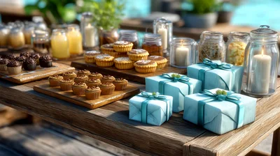 Outdoor Dessert Table With Cupcakes And Gift Boxes