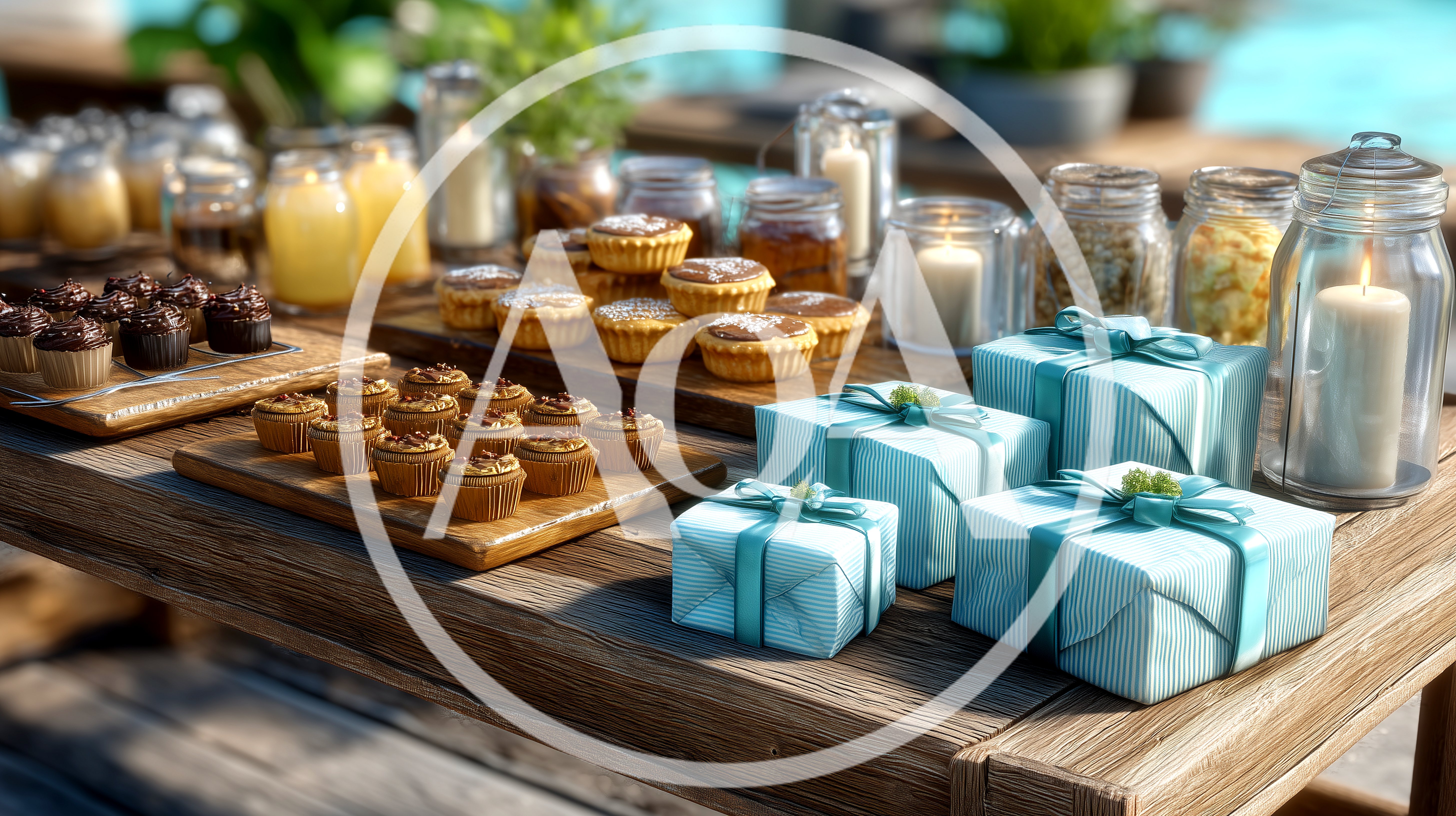 Outdoor Dessert Table With Cupcakes And Gift Boxes