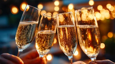 Four People Toasting With Champagne Flutes At Night