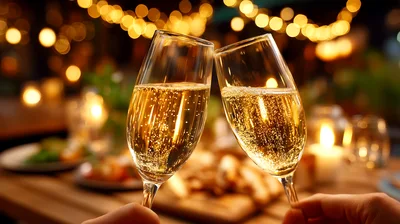 Two People Toasting With Champagne Flutes At Dinner