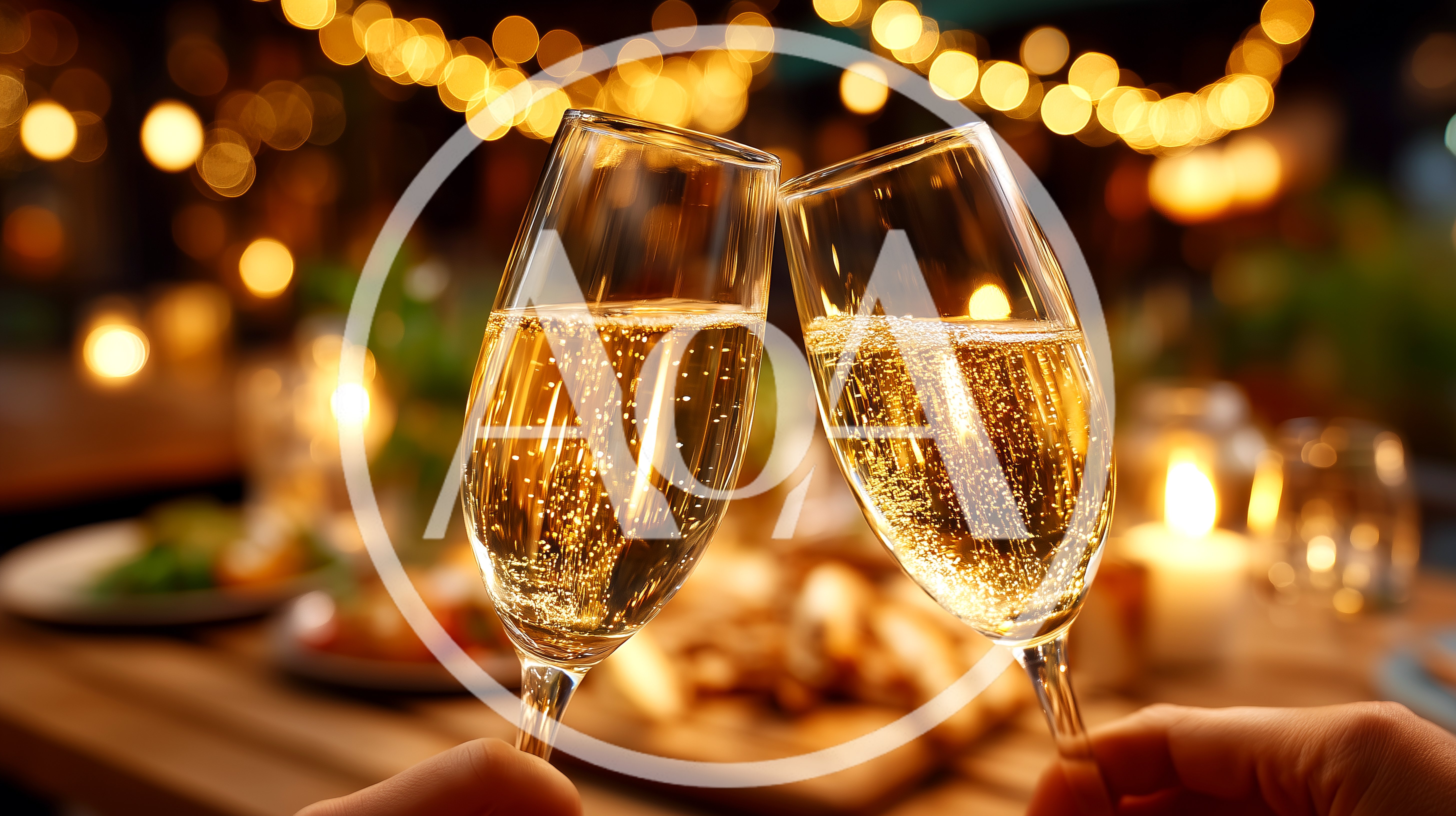 Two People Toasting With Champagne Flutes At Dinner