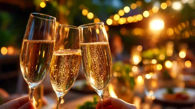 Three Champagne Flutes Toasting At An Outdoor Evening Party