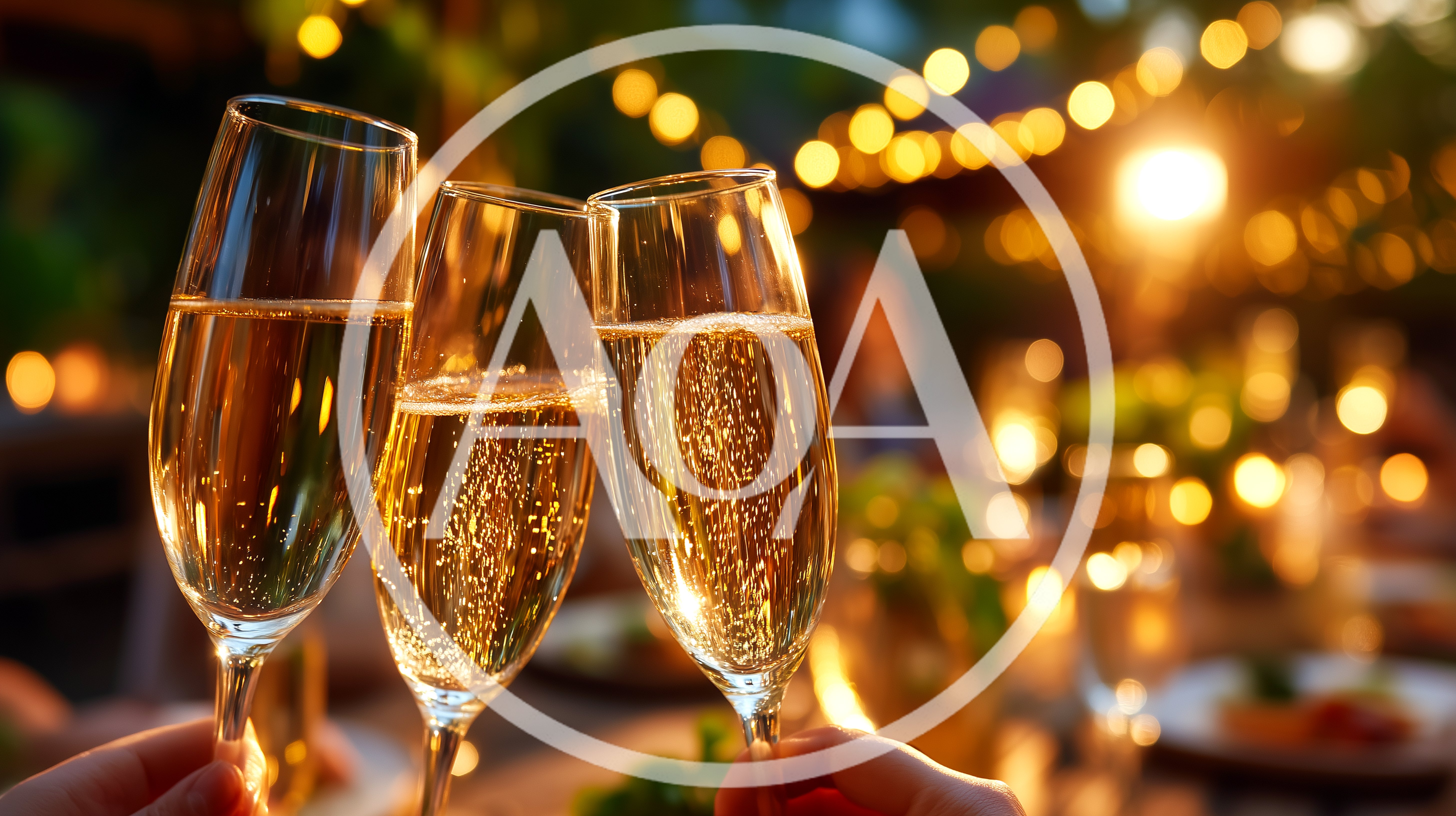 Three Champagne Flutes Toasting At An Outdoor Evening Party