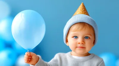Toddler Wearing Party Hat Holding Blue Balloon