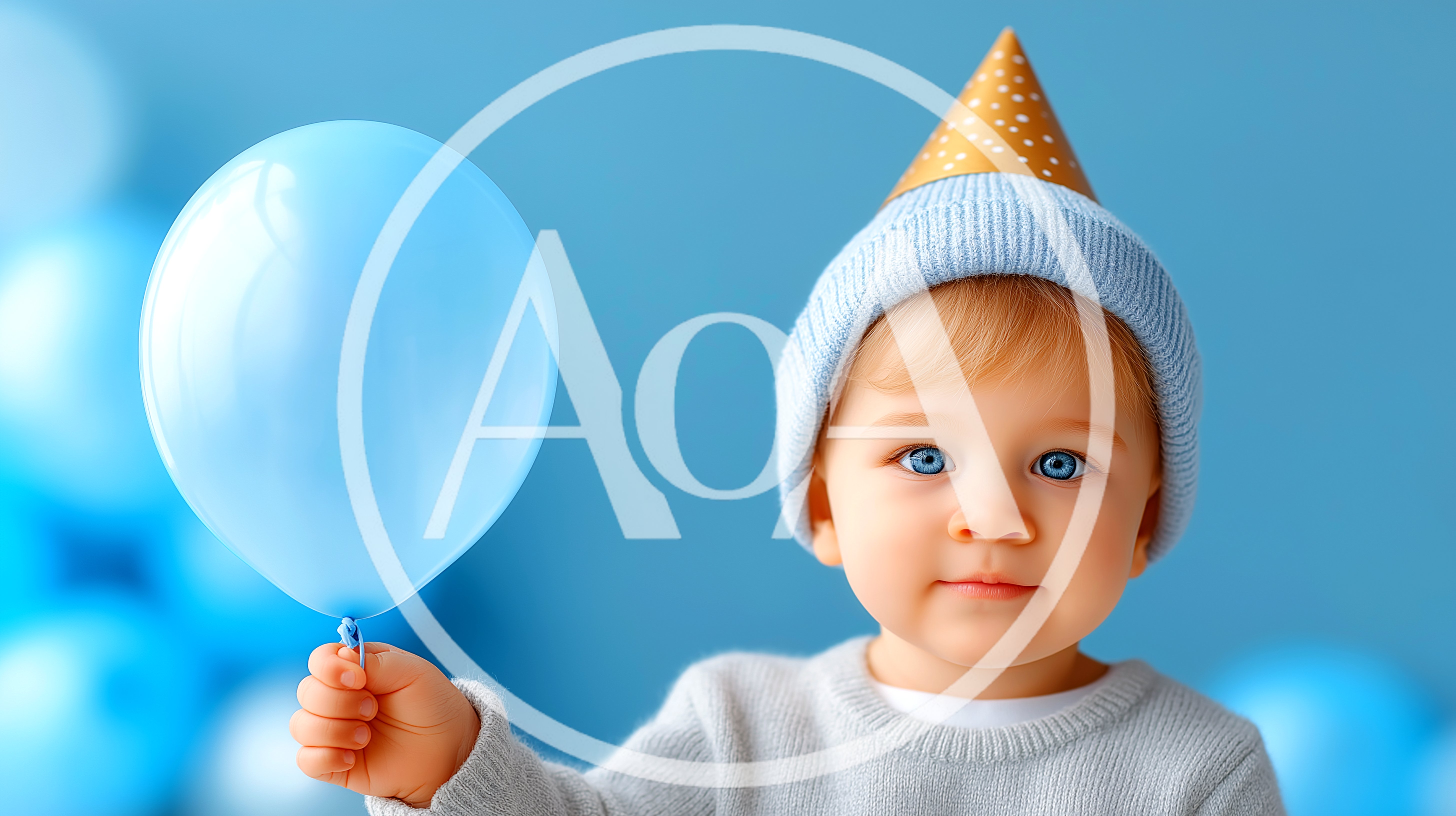Toddler Wearing Party Hat Holding Blue Balloon
