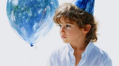 Young Boy Wearing Party Hat With Blue Balloon