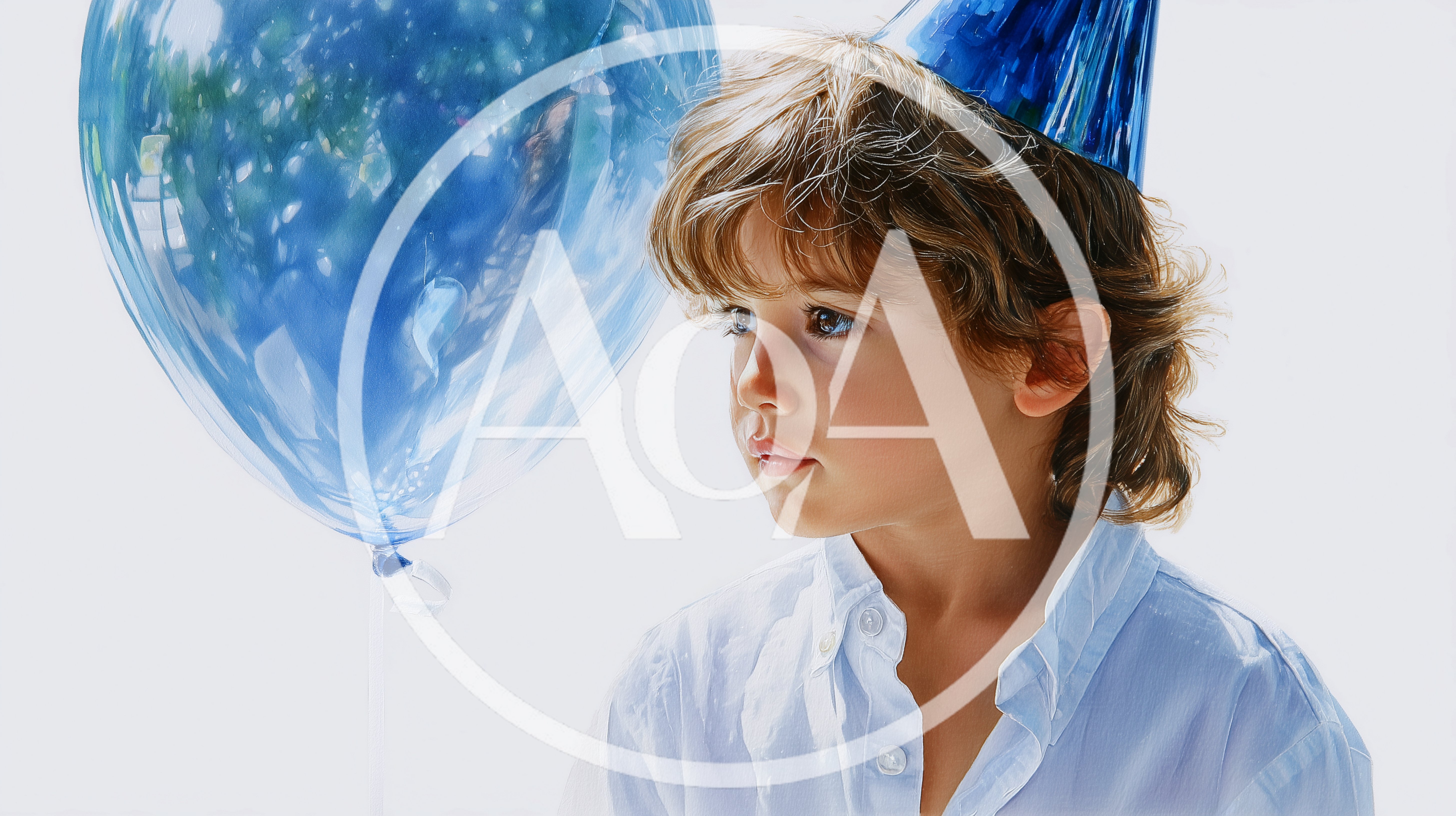 Young Boy Wearing Party Hat With Blue Balloon