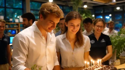 Young Couple Celebrating Birthday With Cake In Office