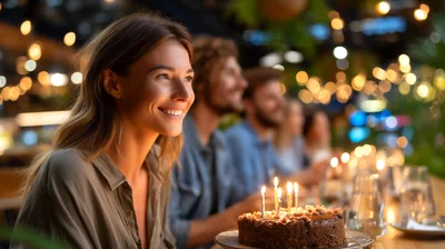 Happy Woman Celebrating Birthday With Friends At Restaurant