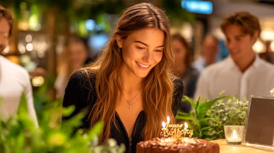 Young Woman Smiling At Birthday Cake In Restaurant