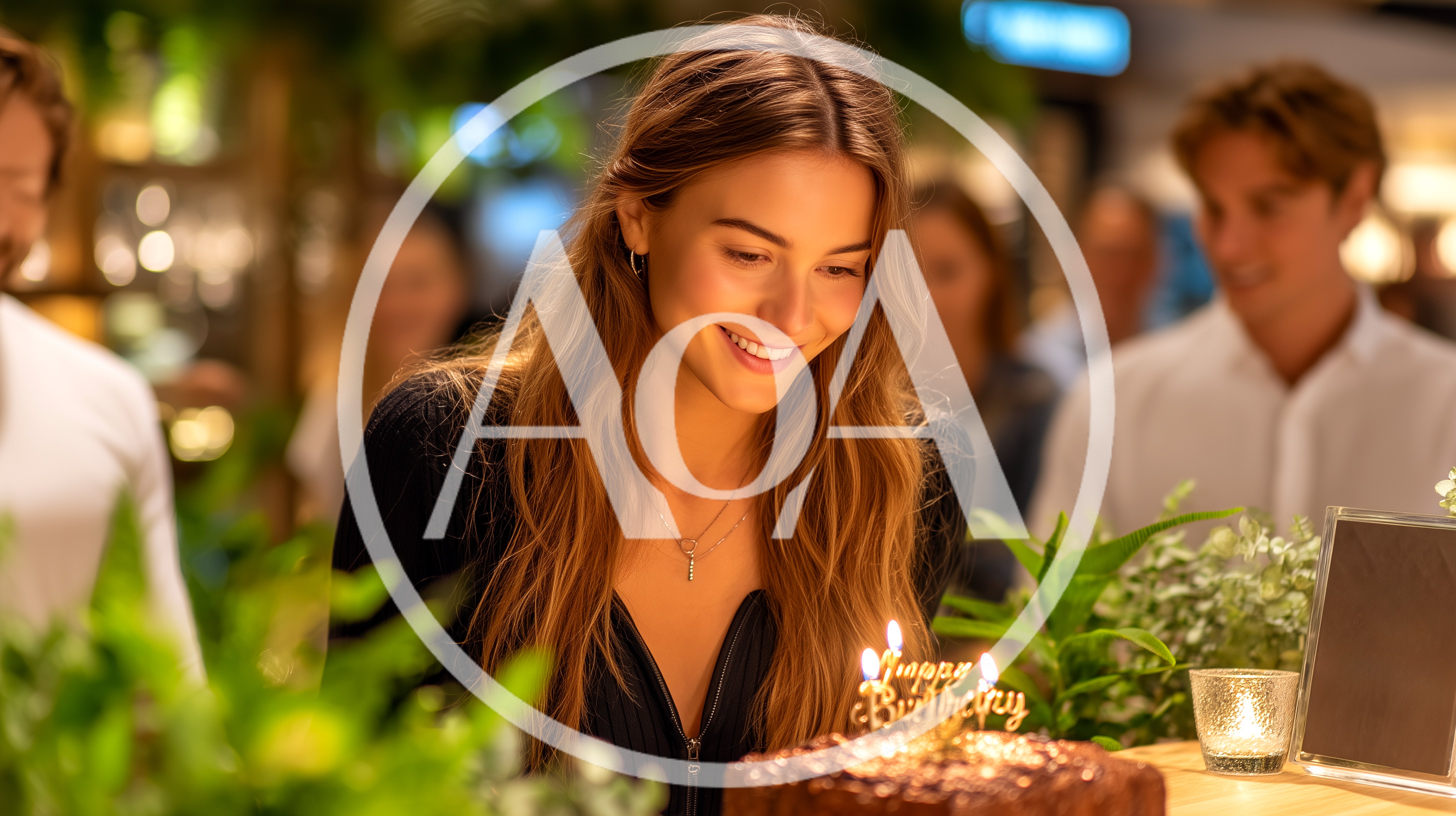 Young Woman Smiling At Birthday Cake In Restaurant