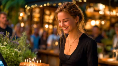 Young Woman Smiling at Birthday Cake with Lit Candles