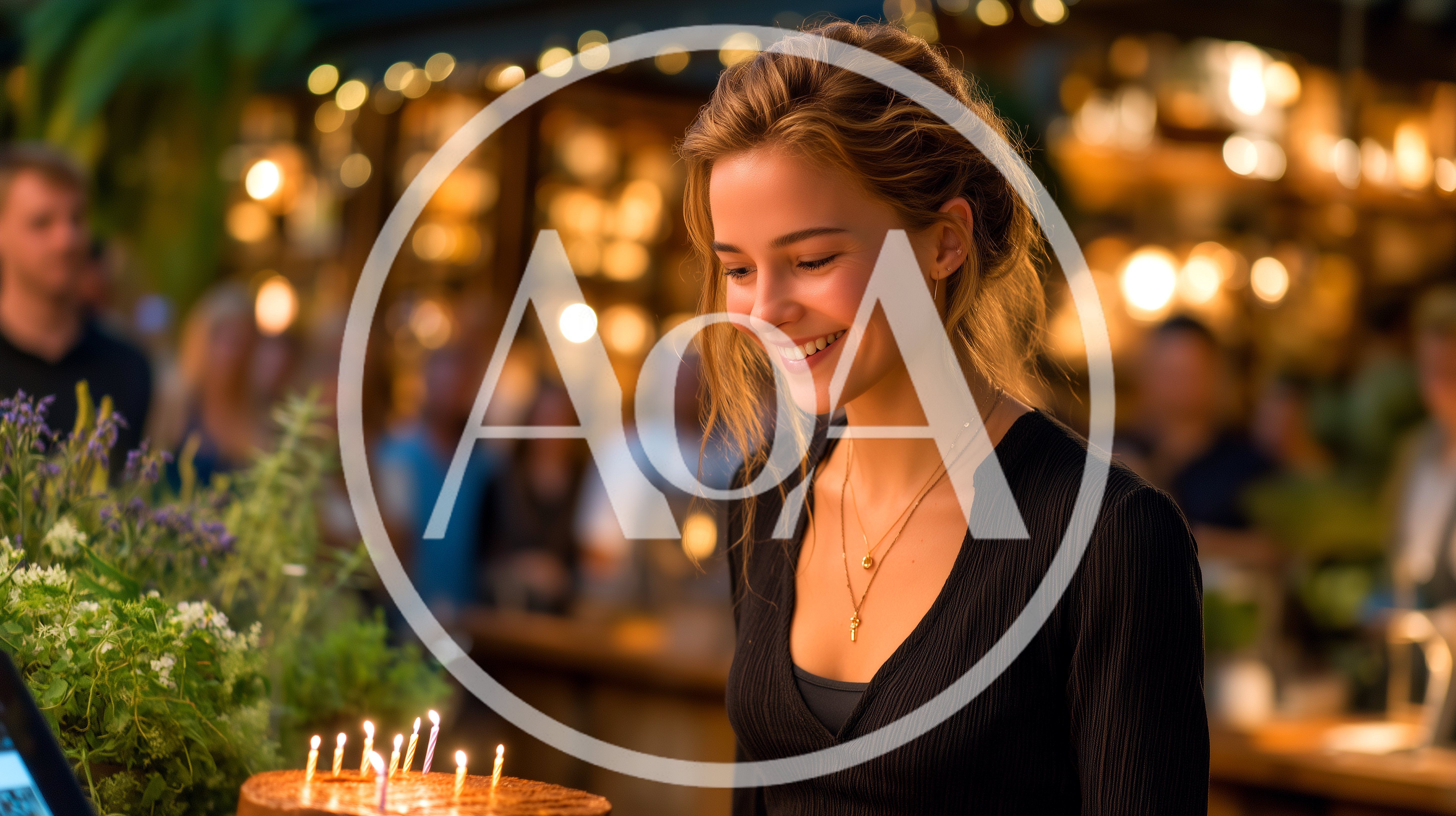 Young Woman Smiling at Birthday Cake with Lit Candles