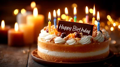 Birthday Cake With Lit Candles On Wooden Table