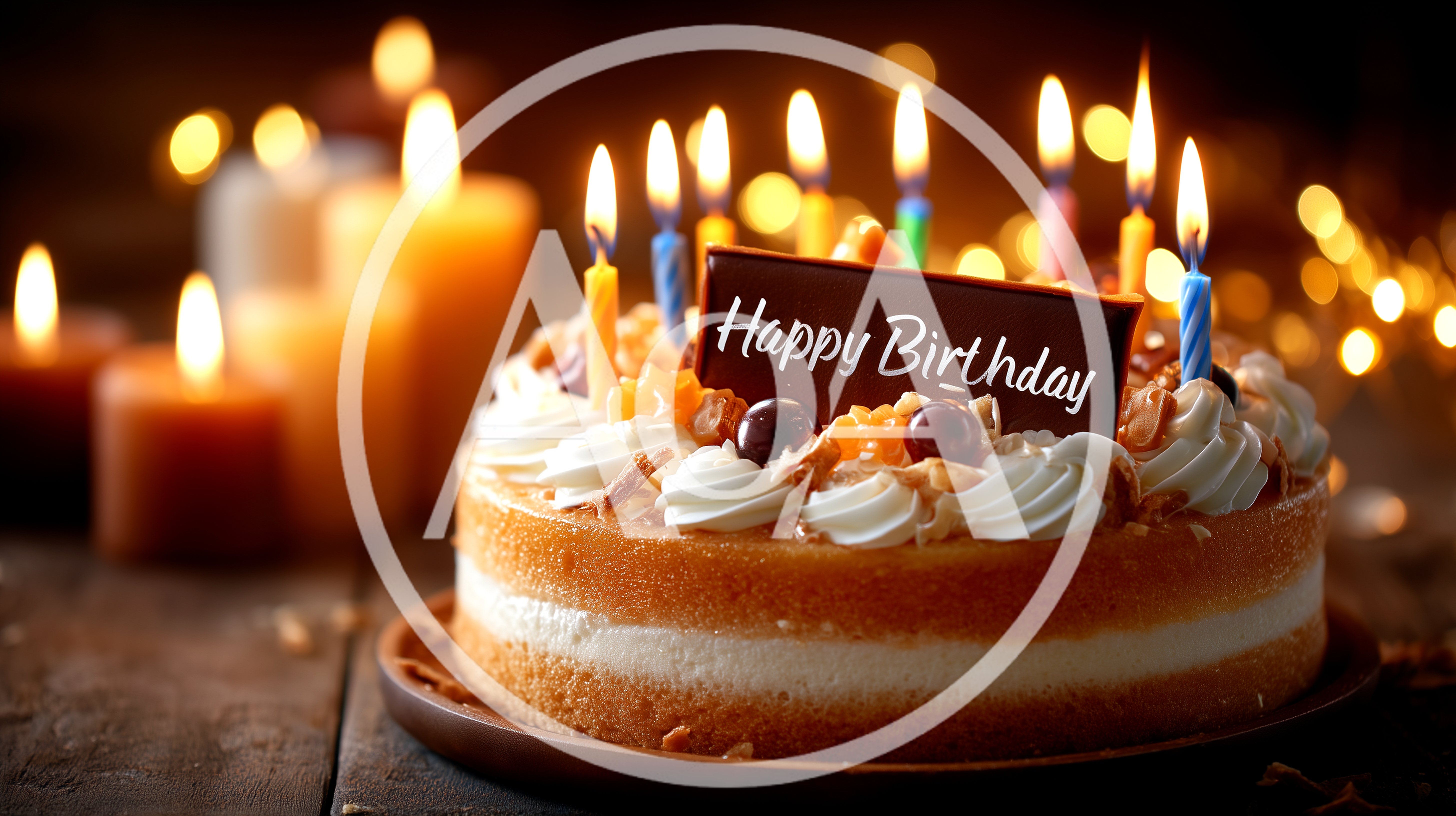 Birthday Cake With Lit Candles On Wooden Table