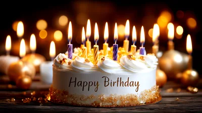 Birthday Cake With Lit Candles On Wooden Table